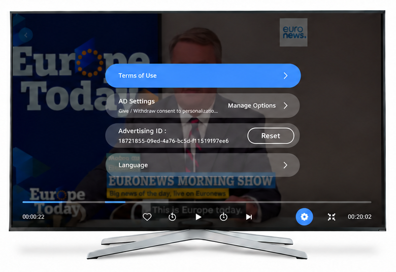 Ozyplay SDK — consent and settings overlay on TV